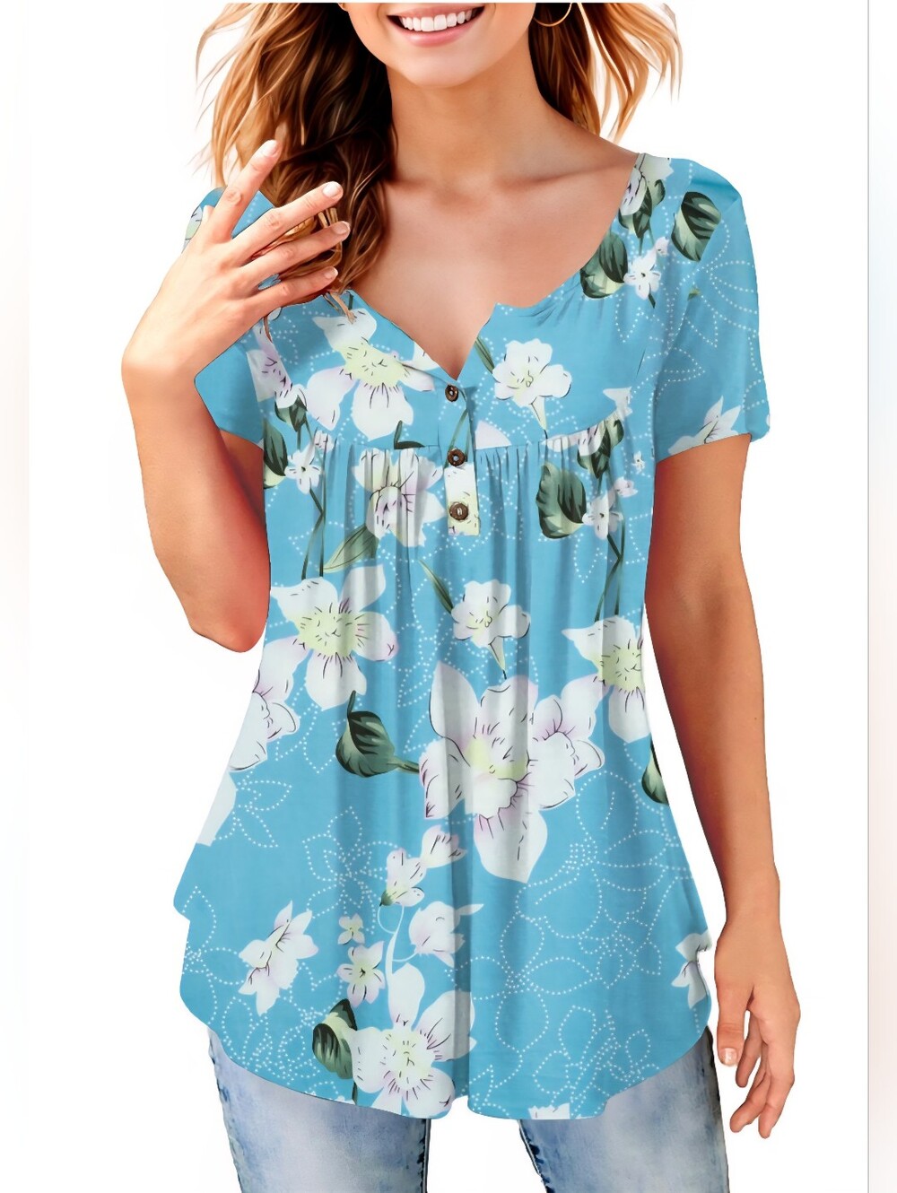 Floral Henley Short Sleeve Top - Light Blue